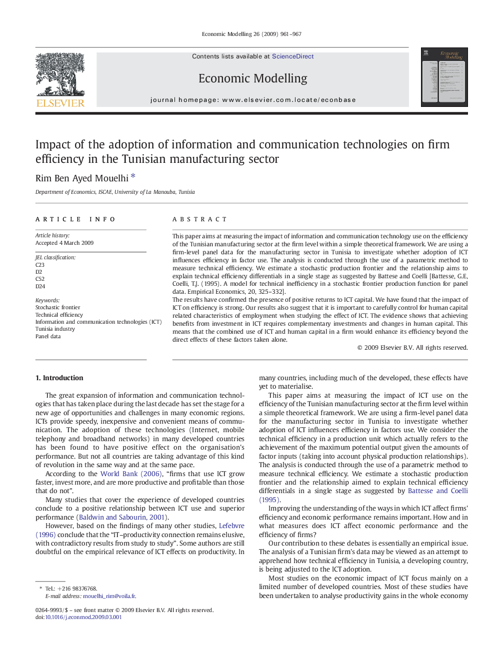 Impact of the adoption of information and communication technologies on firm efficiency in the Tunisian manufacturing sector