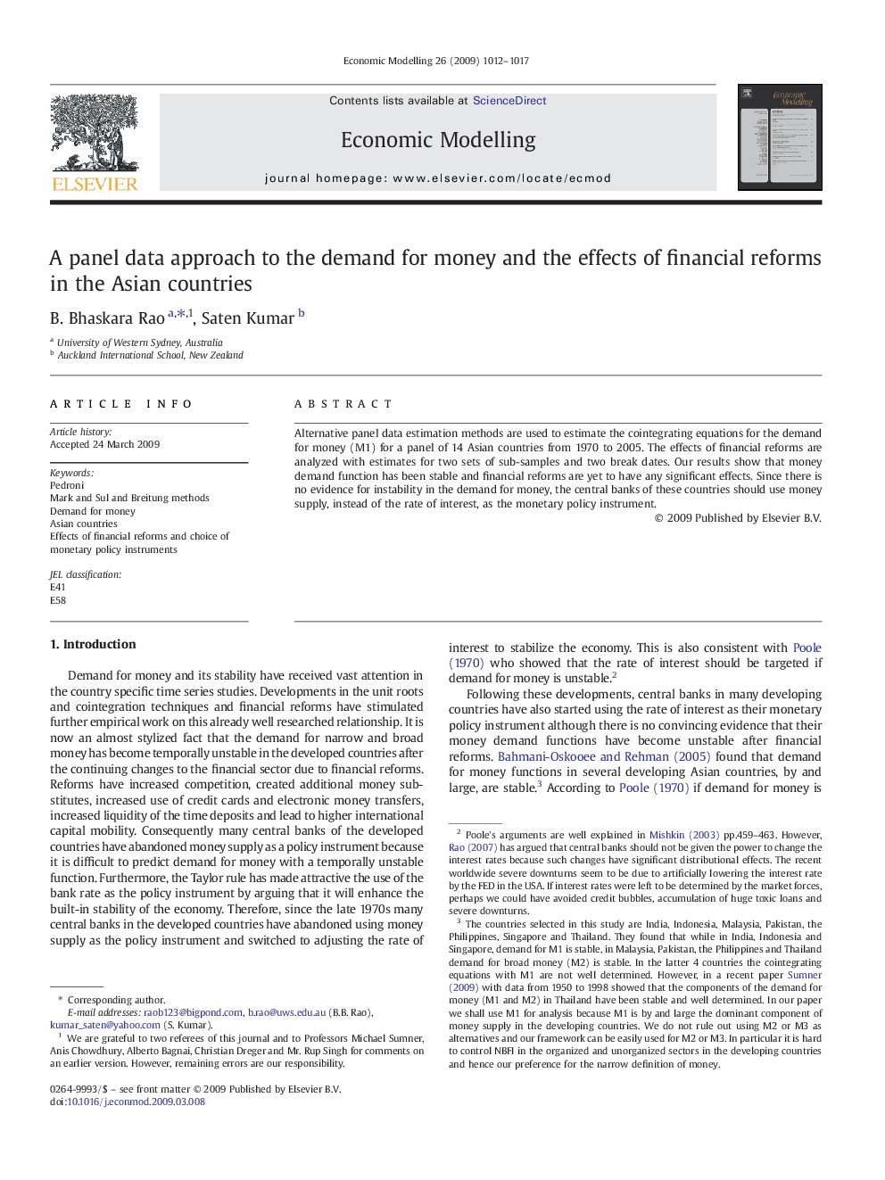 A panel data approach to the demand for money and the effects of financial reforms in the Asian countries