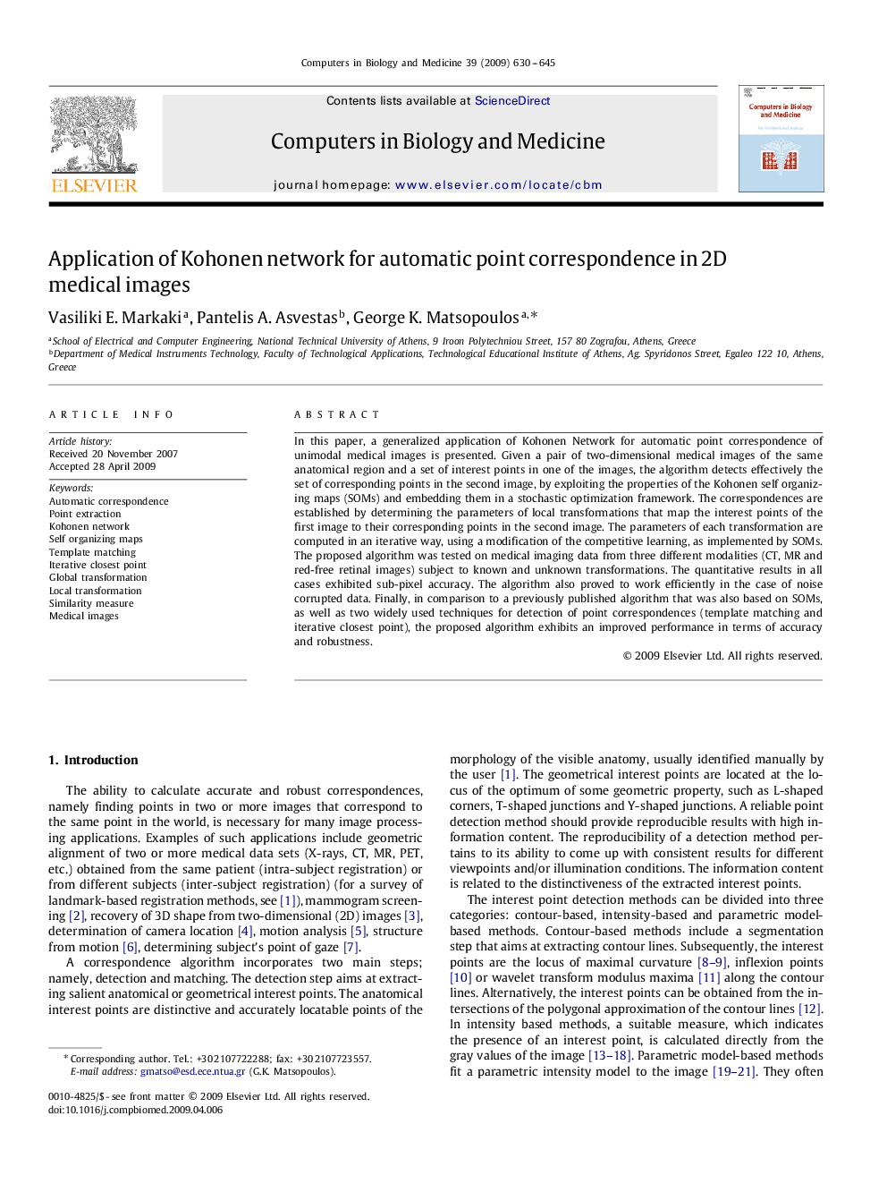 Application of Kohonen network for automatic point correspondence in 2D medical images