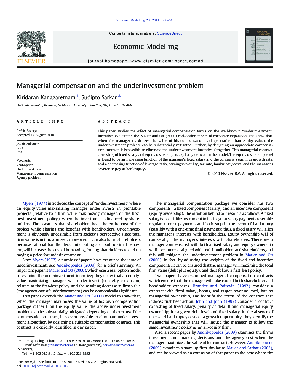 Managerial compensation and the underinvestment problem