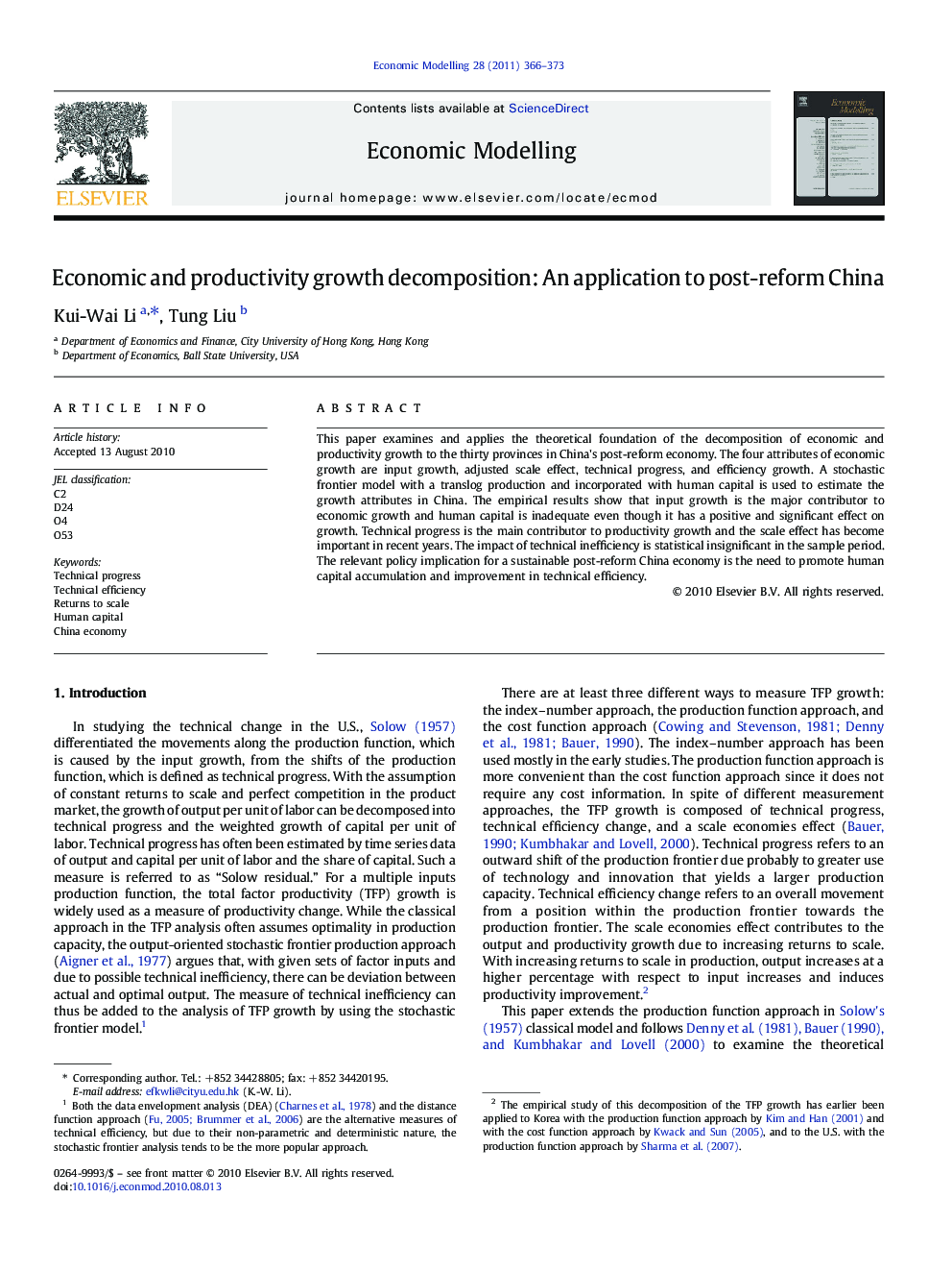 Economic and productivity growth decomposition: An application to post-reform China