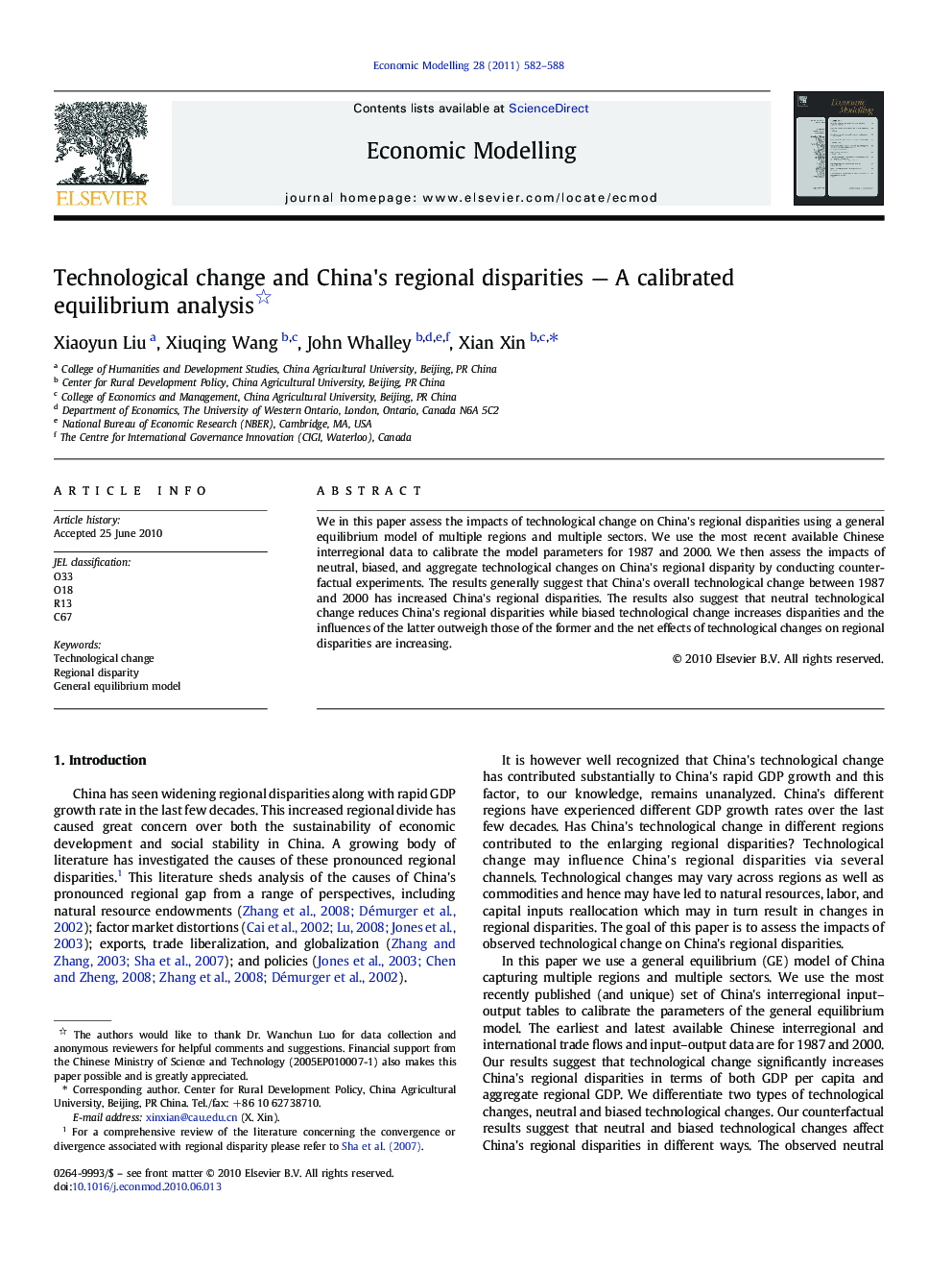 Technological change and China's regional disparities - A calibrated equilibrium analysis