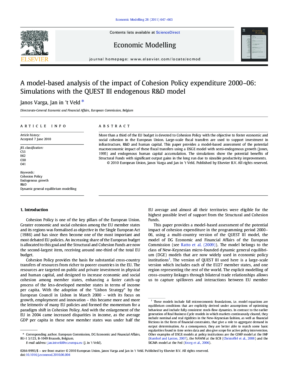 A model-based analysis of the impact of Cohesion Policy expenditure 2000-06: Simulations with the QUEST III endogenous R&D model