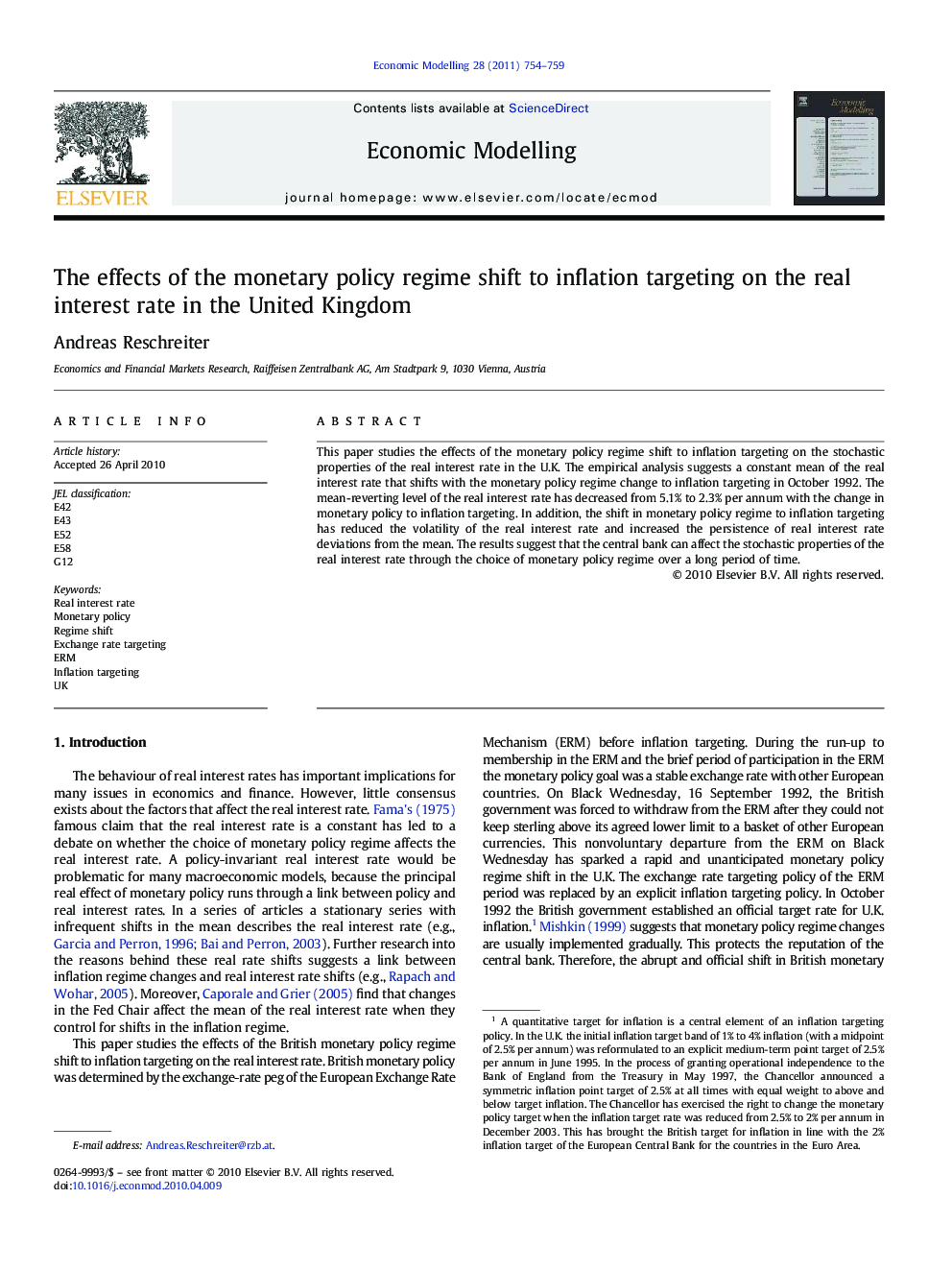 The effects of the monetary policy regime shift to inflation targeting on the real interest rate in the United Kingdom