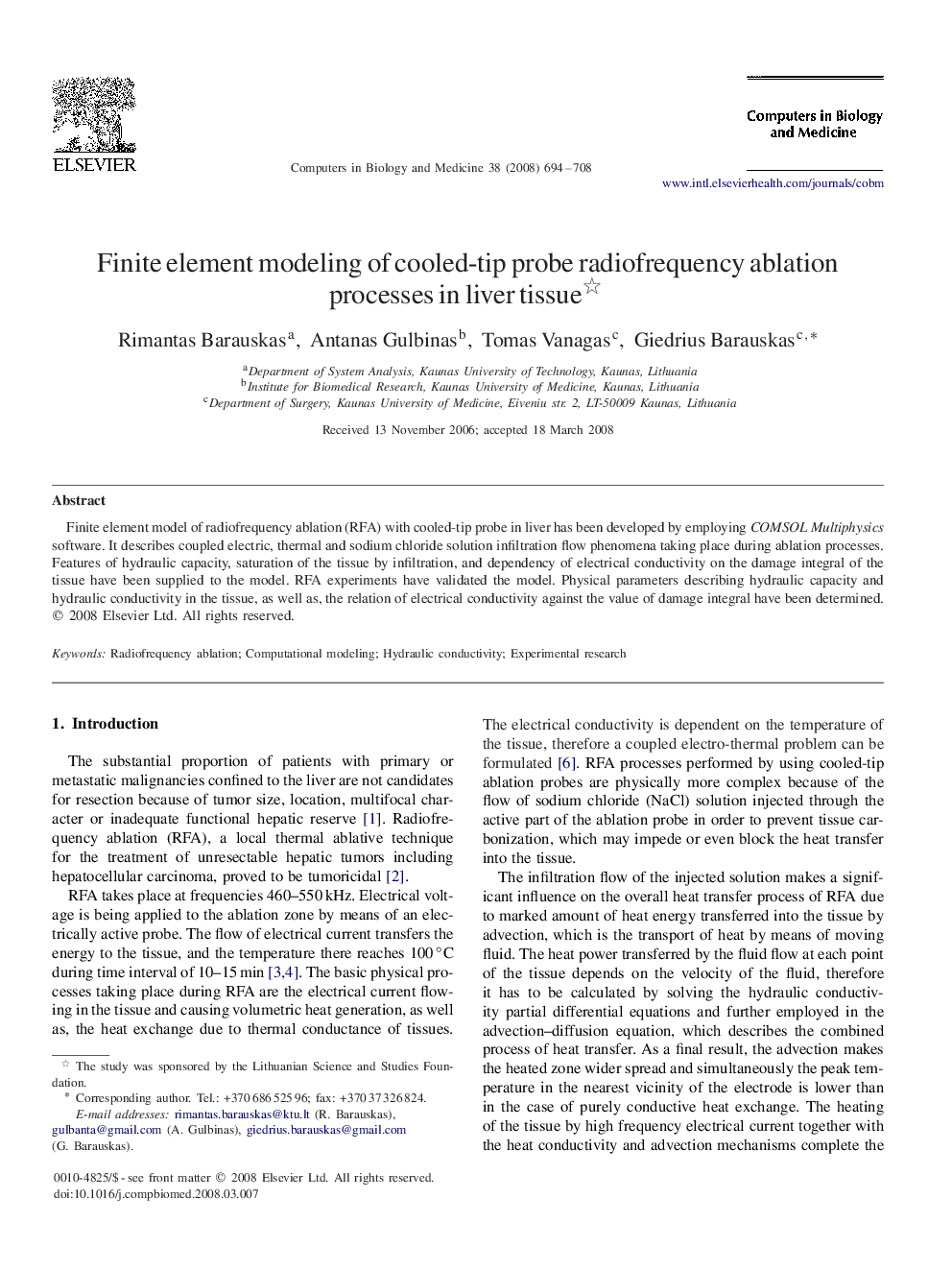 Finite element modeling of cooled-tip probe radiofrequency ablation processes in liver tissue 