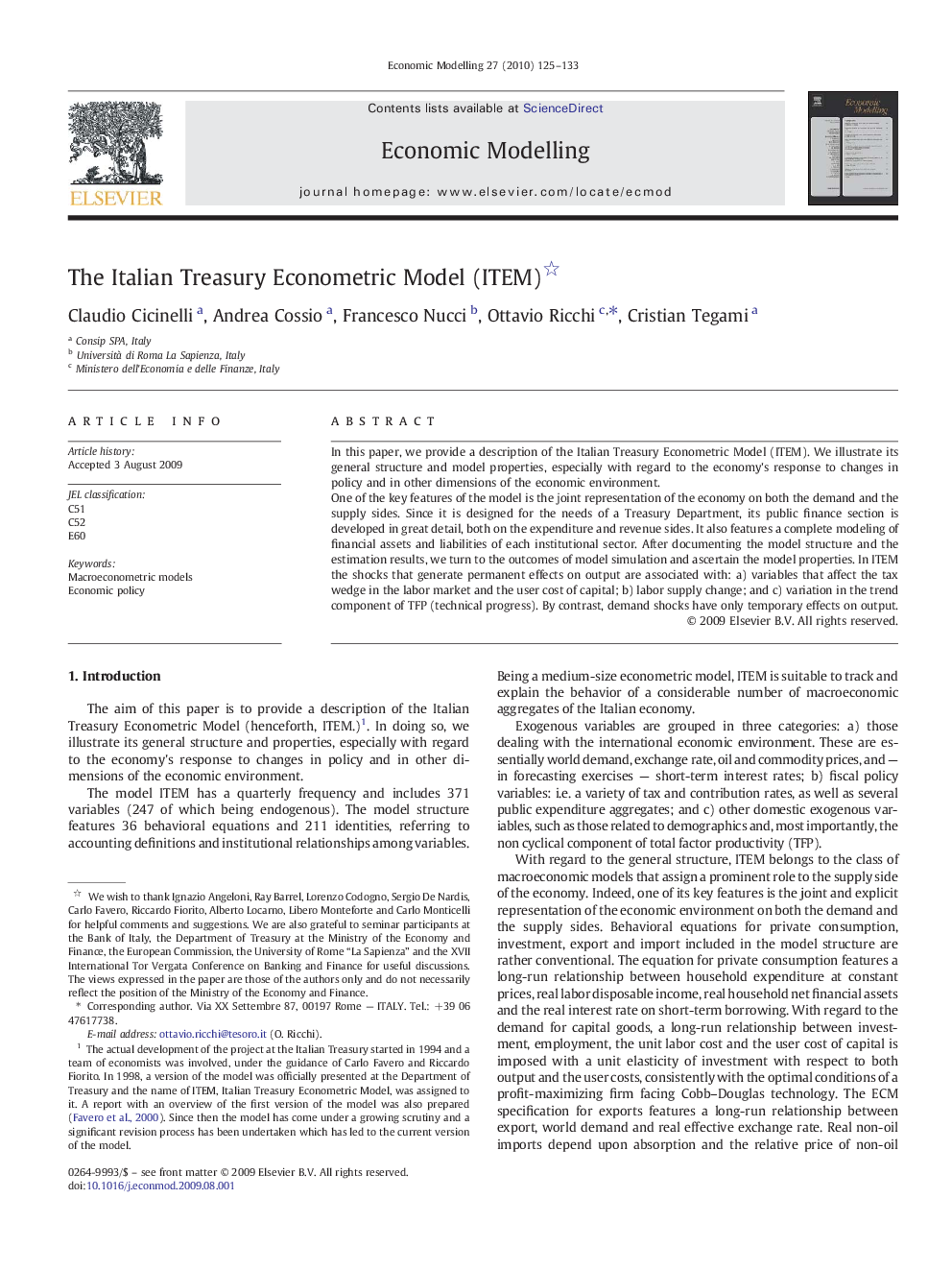 The Italian Treasury Econometric Model (ITEM)