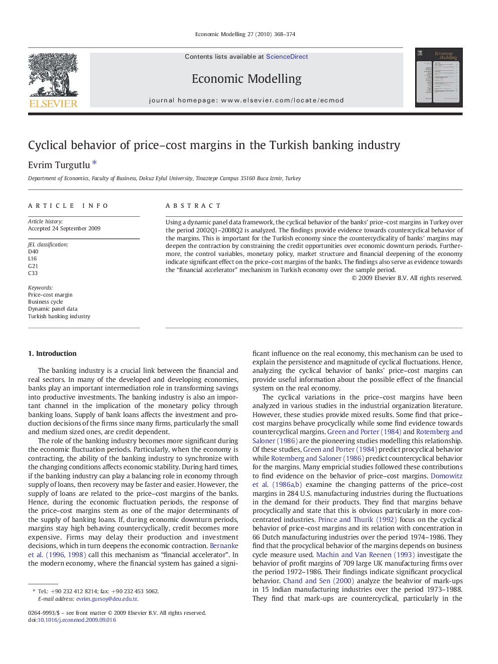 Cyclical behavior of price-cost margins in the Turkish banking industry