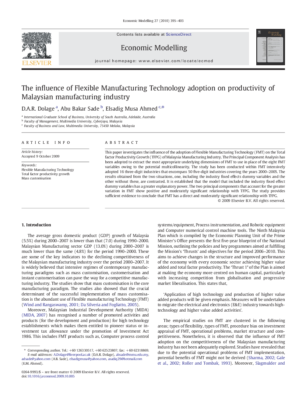 The influence of Flexible Manufacturing Technology adoption on productivity of Malaysian manufacturing industry