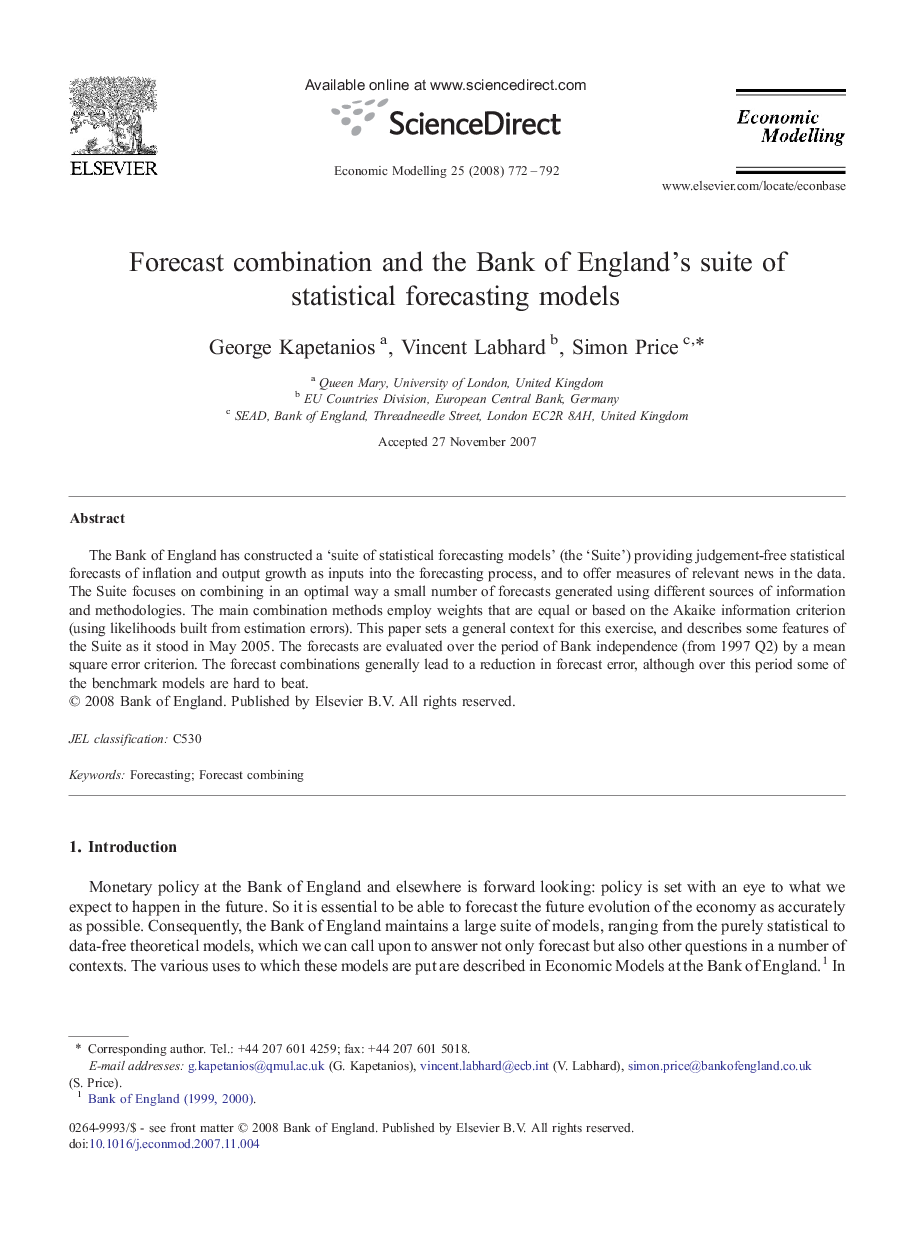 Forecast combination and the Bank of England's suite of statistical forecasting models