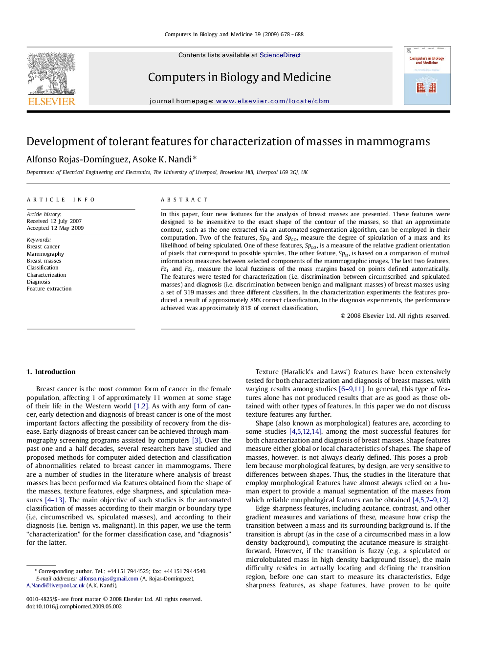 Development of tolerant features for characterization of masses in mammograms