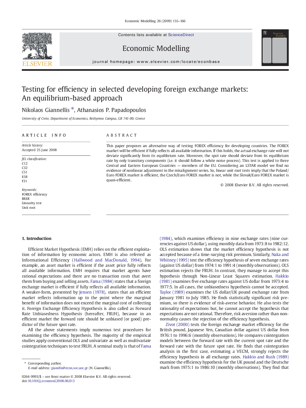 عکس صفحه اول مقاله: Testing for efficiency in selected developing foreign exchange markets: An equilibrium-based approach Testing for efficiency in selected developing foreign exchange markets: An equilibrium-based approach