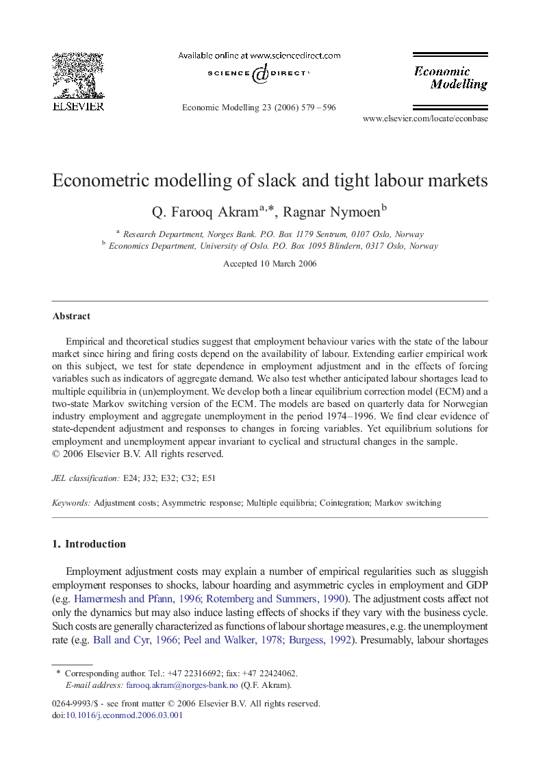 Econometric modelling of slack and tight labour markets