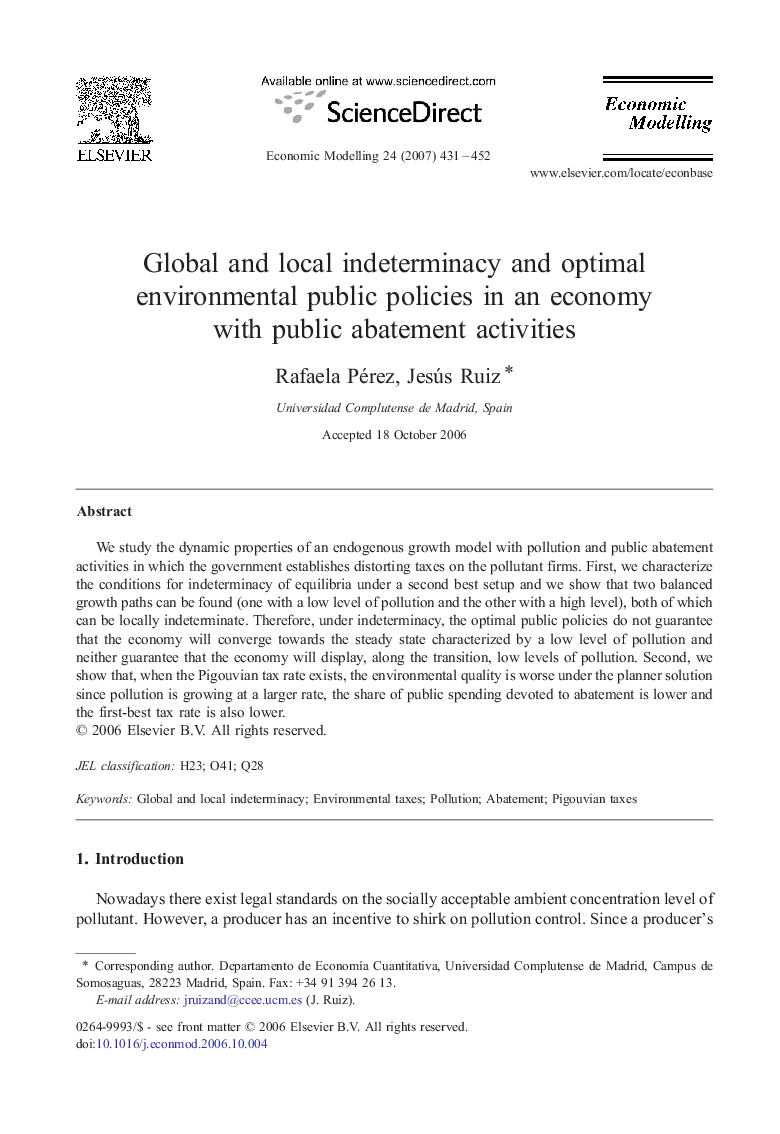 Global and local indeterminacy and optimal environmental public policies in an economy with public abatement activities