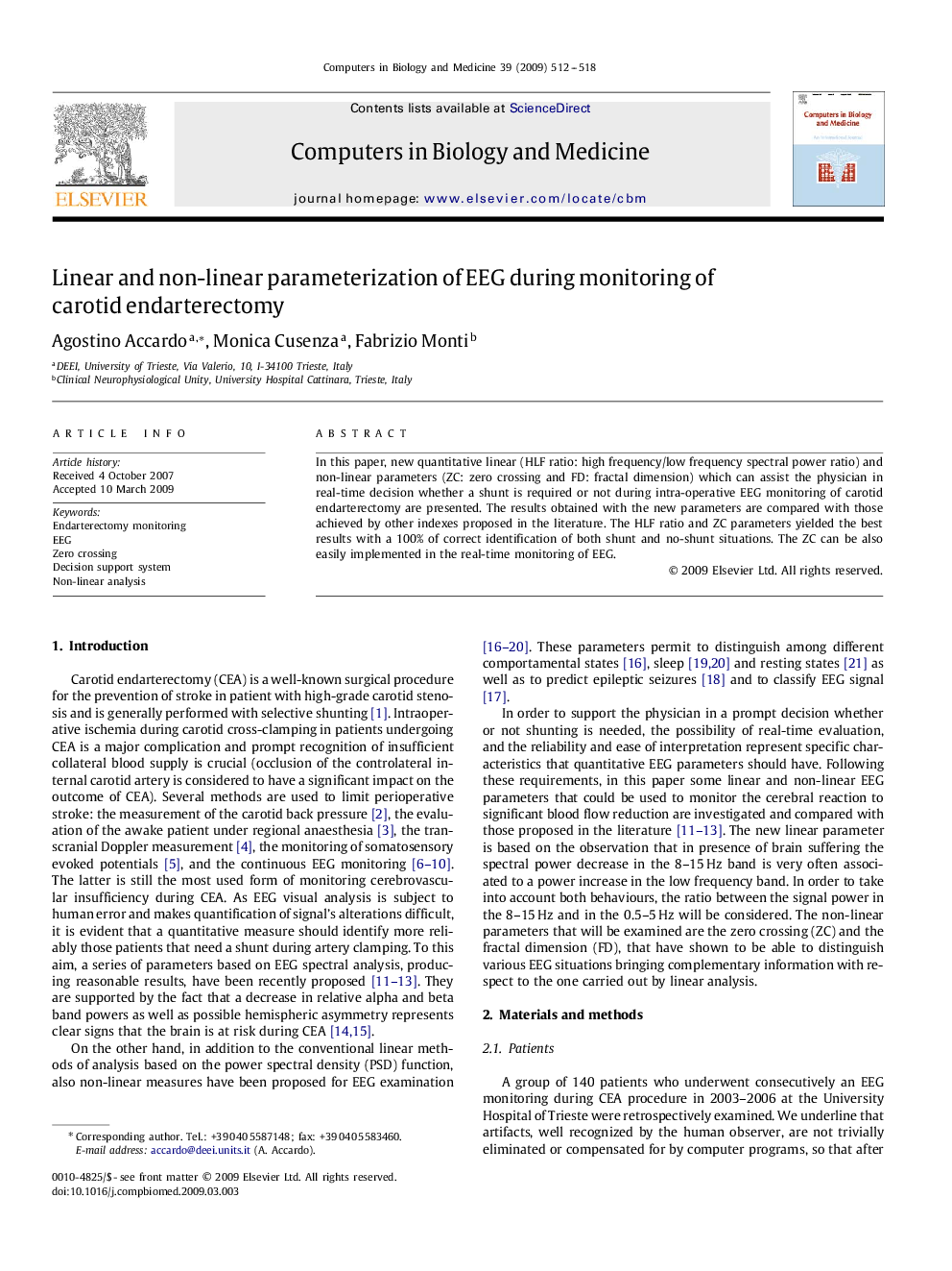 Linear and non-linear parameterization of EEG during monitoring of carotid endarterectomy