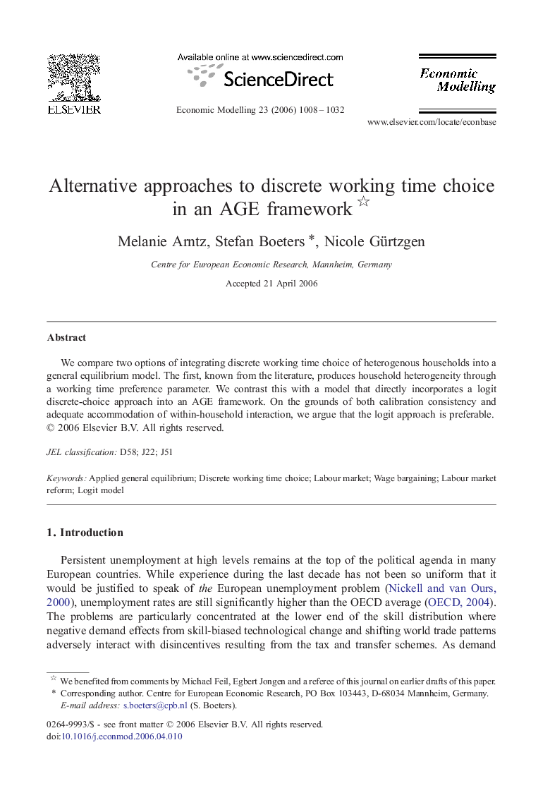 Alternative approaches to discrete working time choice in an AGE framework