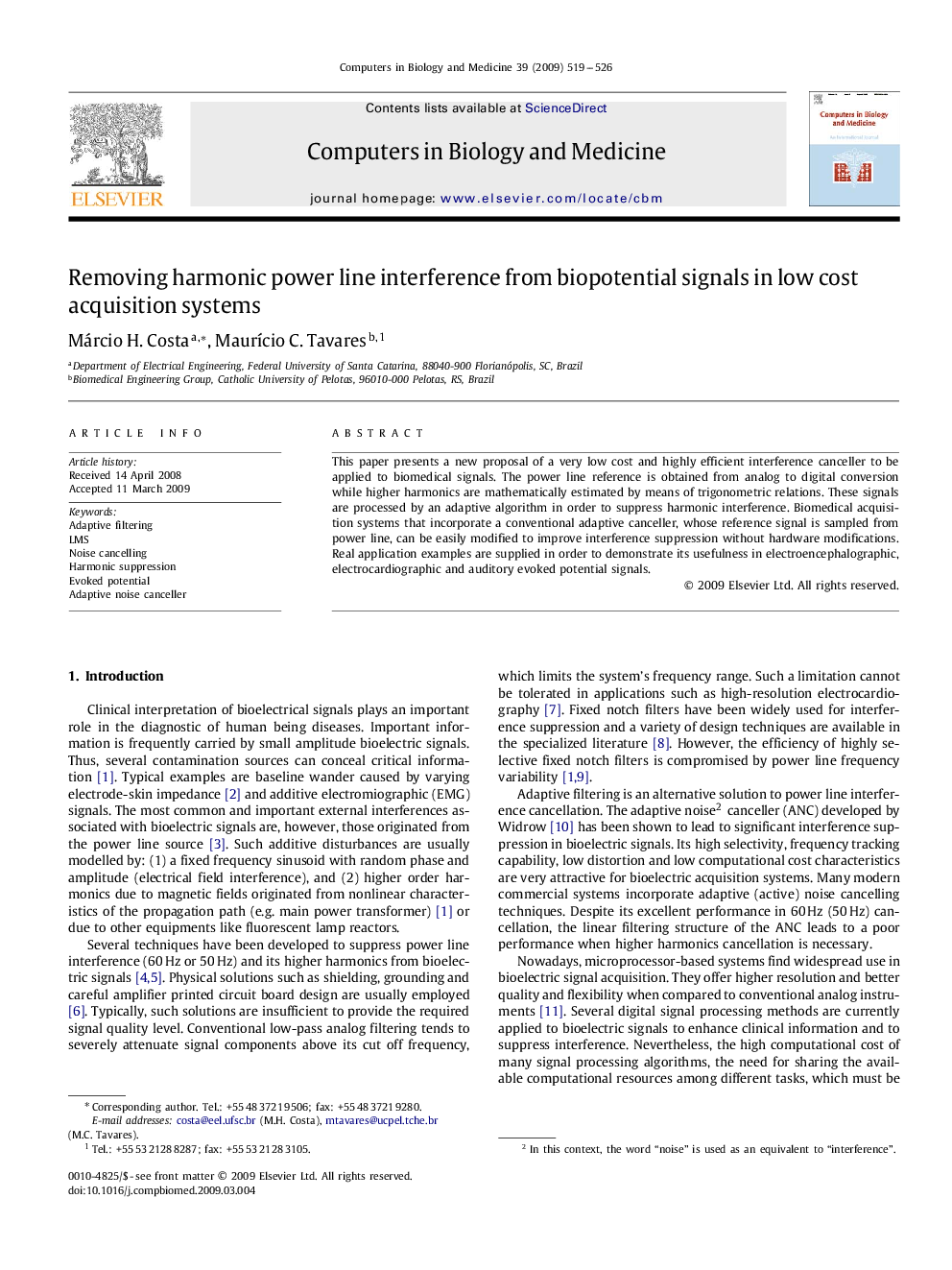 Removing harmonic power line interference from biopotential signals in low cost acquisition systems