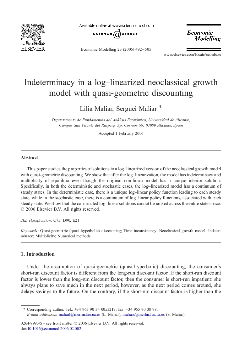 Indeterminacy in a log-linearized neoclassical growth model with quasi-geometric discounting