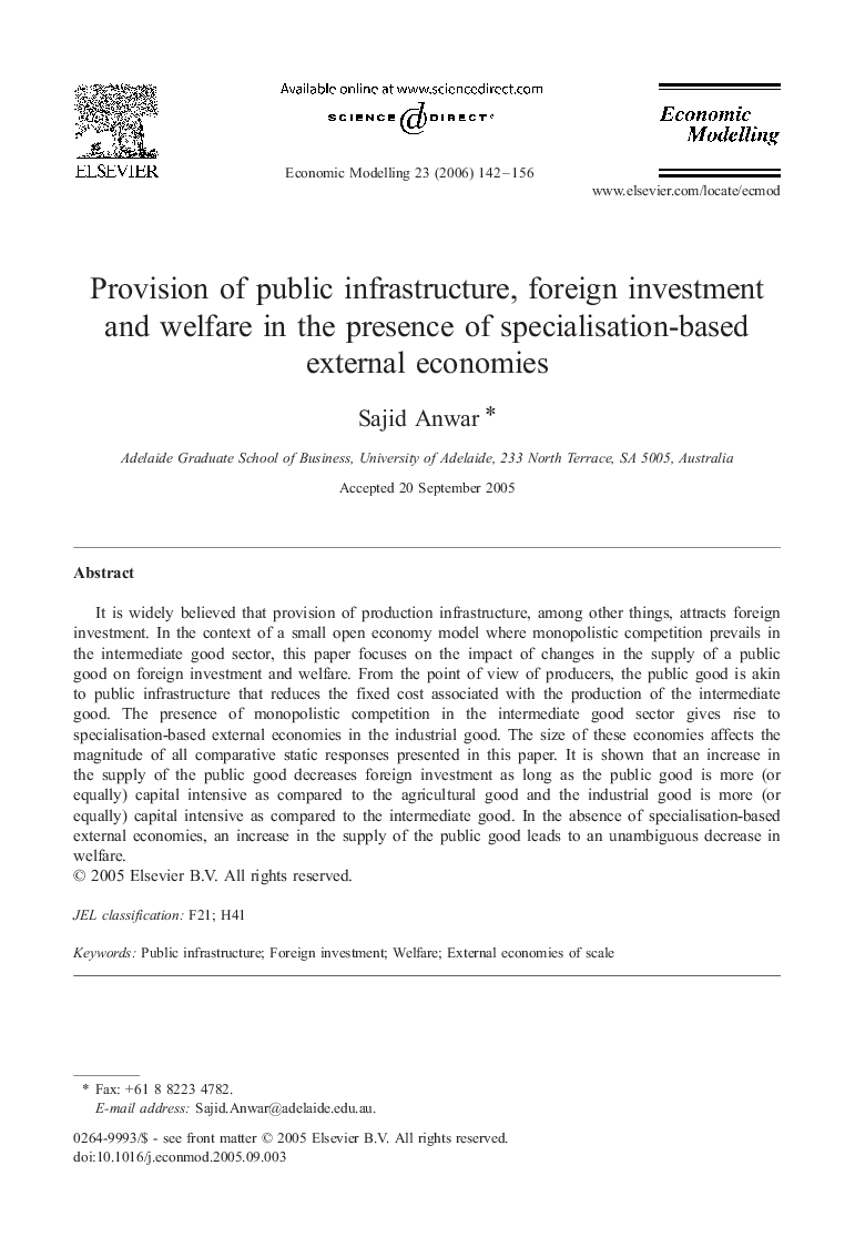 Provision of public infrastructure, foreign investment and welfare in the presence of specialisation-based external economies