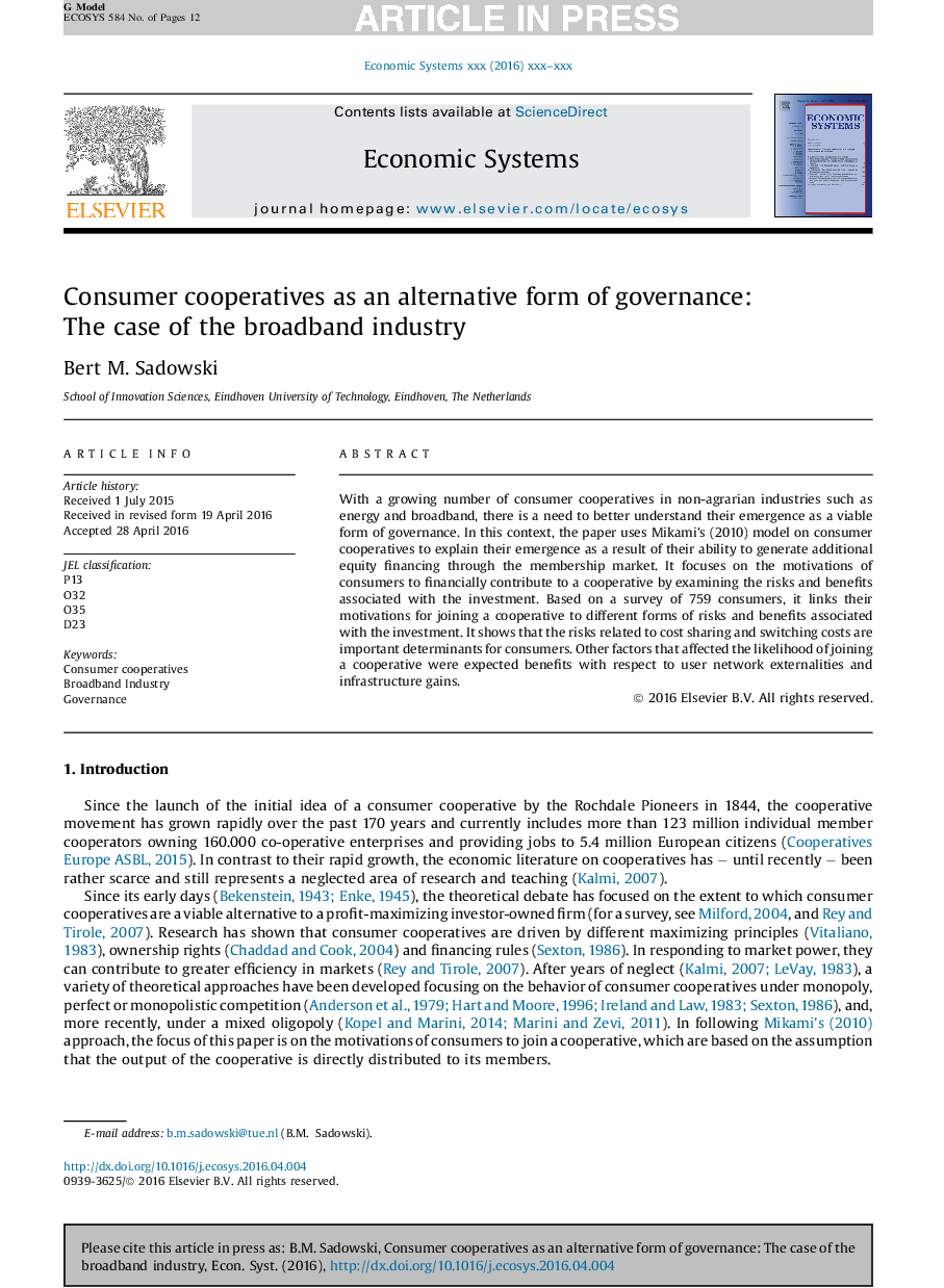 Consumer cooperatives as an alternative form of governance: The case of the broadband industry