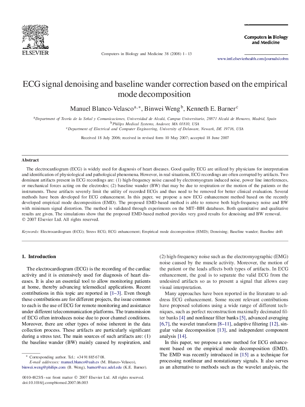 ECG signal denoising and baseline wander correction based on the empirical mode decomposition