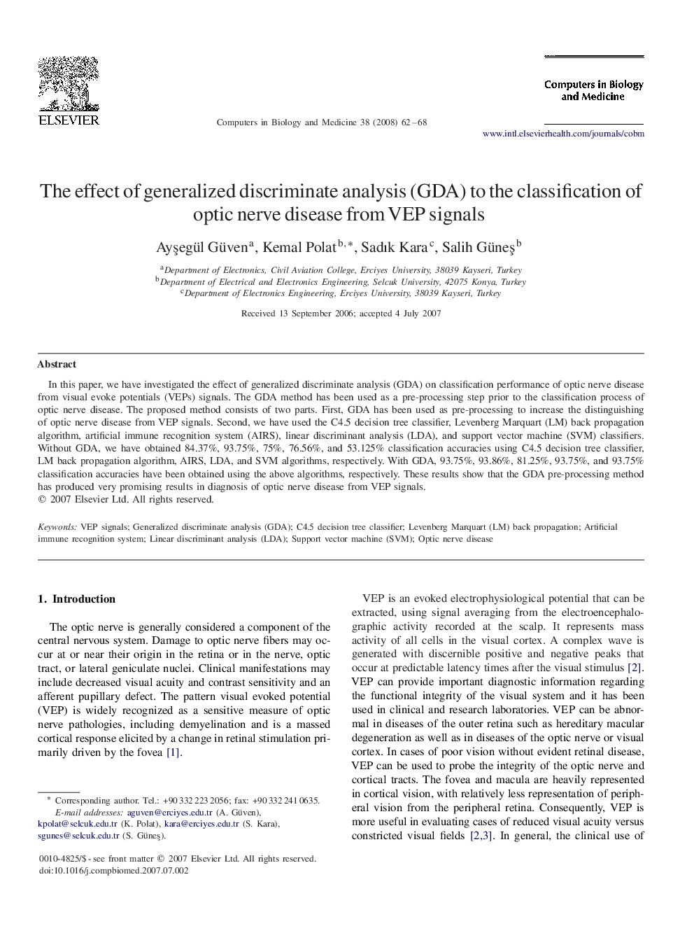 The effect of generalized discriminate analysis (GDA) to the classification of optic nerve disease from VEP signals