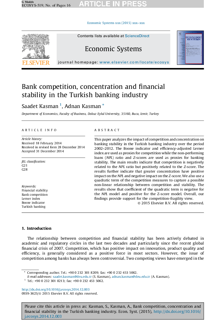 Bank competition, concentration and financial stability in the Turkish banking industry