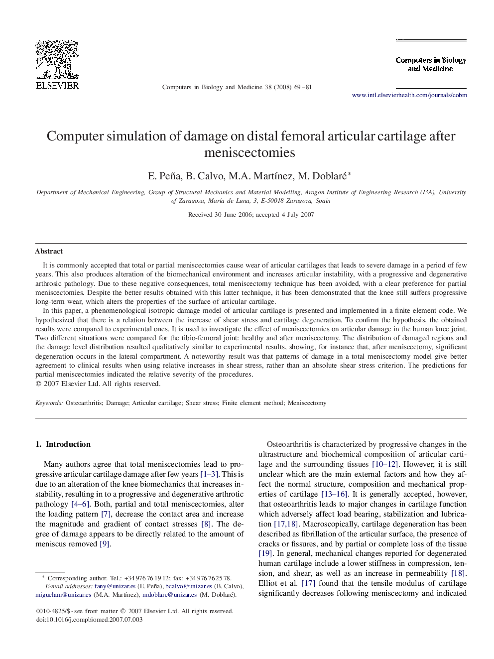 Computer simulation of damage on distal femoral articular cartilage after meniscectomies