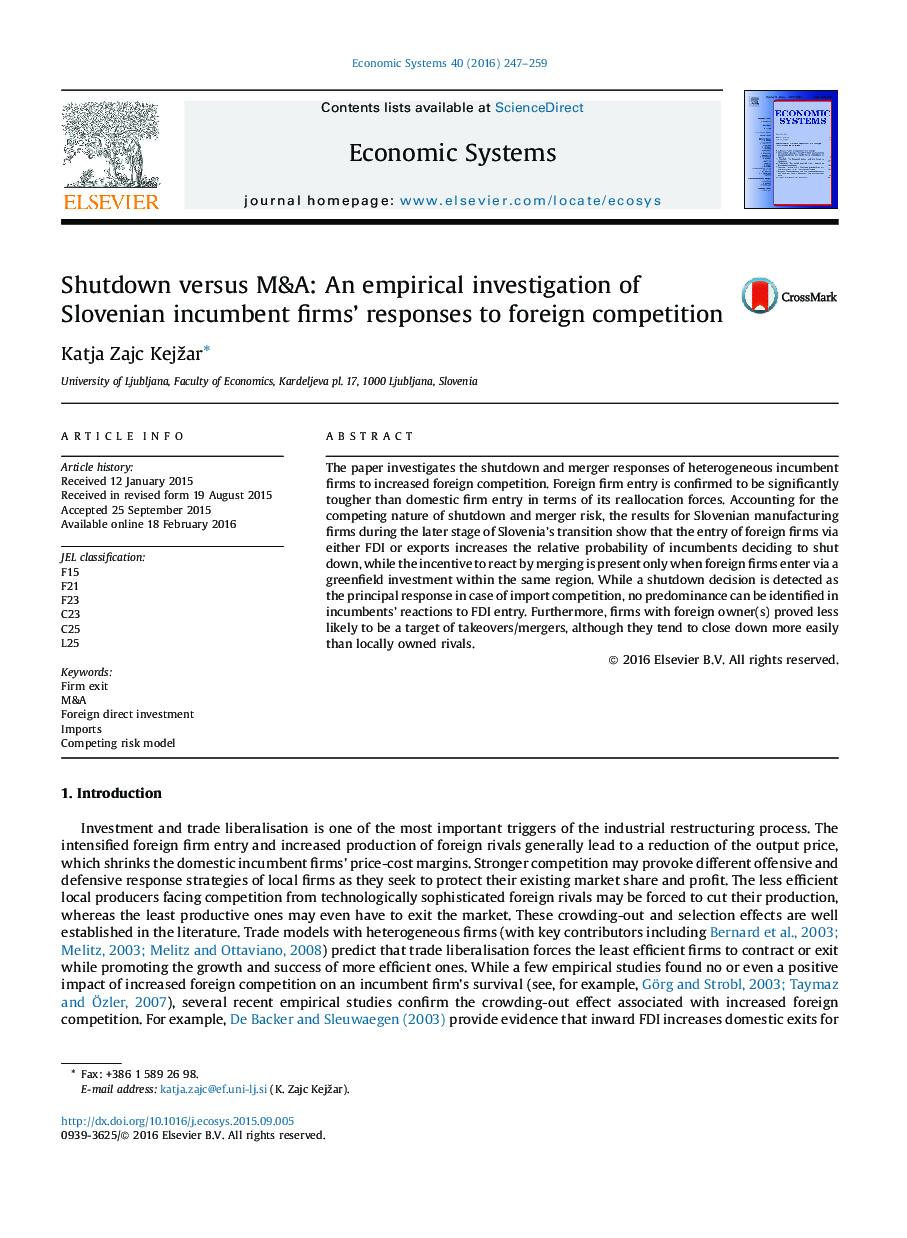 Shutdown versus M&A: An empirical investigation of Slovenian incumbent firms' responses to foreign competition