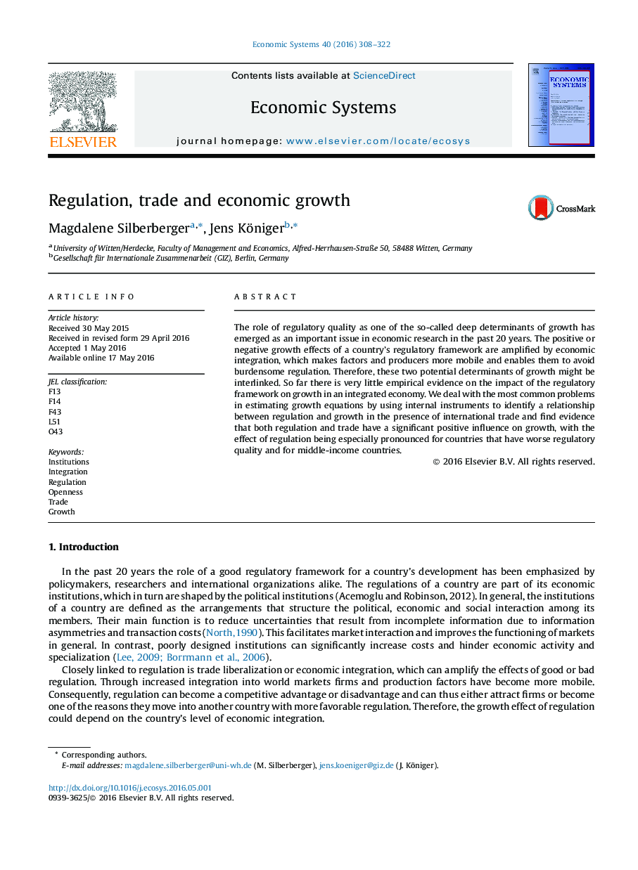 Regulation, trade and economic growth