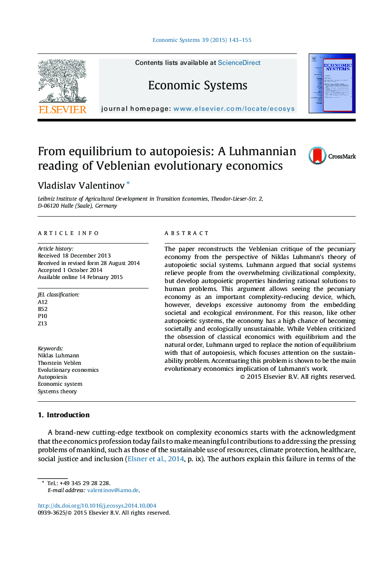 From equilibrium to autopoiesis: A Luhmannian reading of Veblenian evolutionary economics