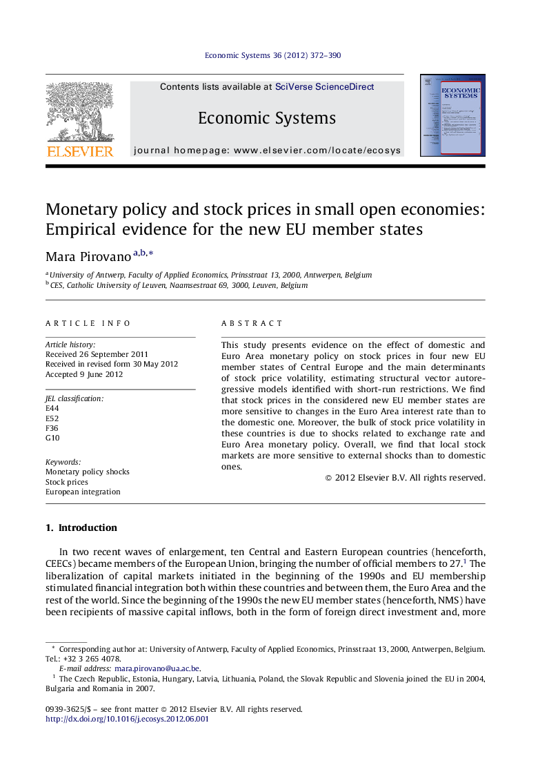 Monetary policy and stock prices in small open economies: Empirical evidence for the new EU member states