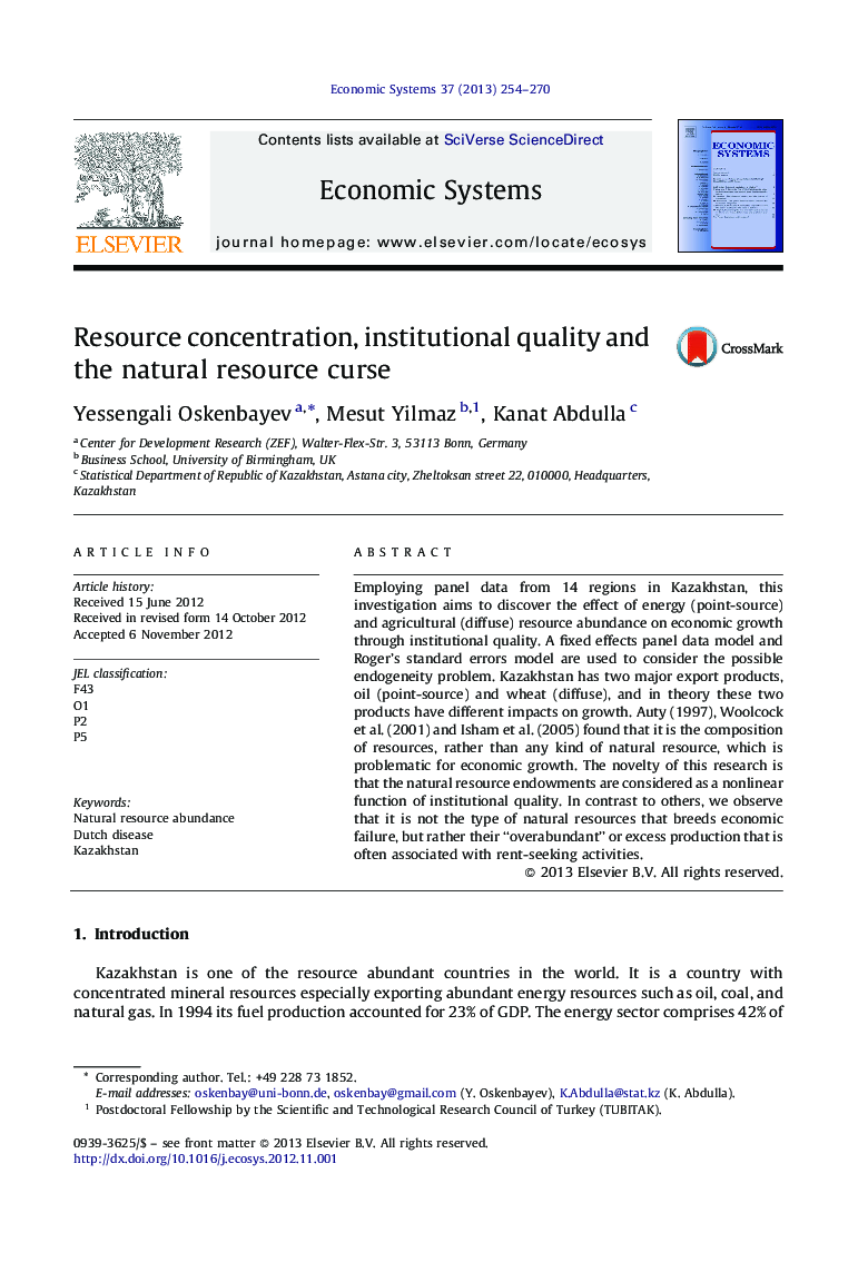 Resource concentration, institutional quality and the natural resource curse