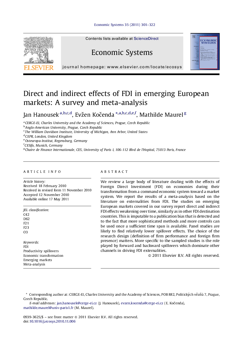 Direct and indirect effects of FDI in emerging European markets: A survey and meta-analysis