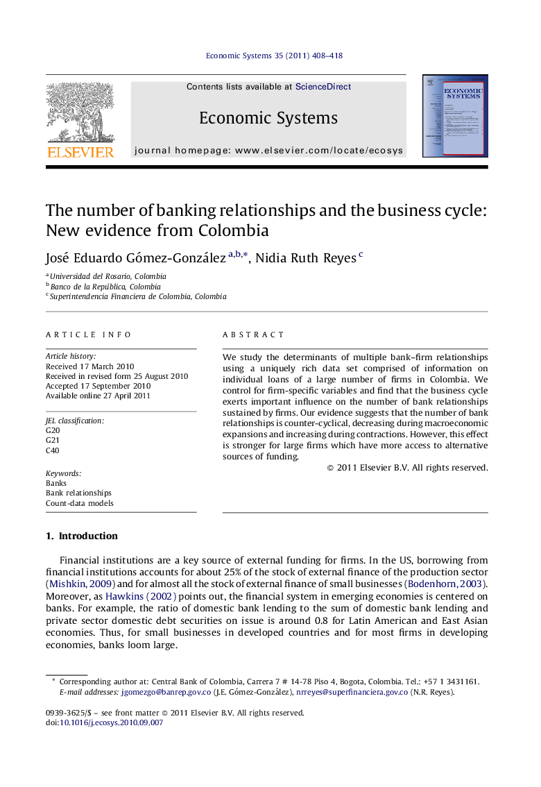 The number of banking relationships and the business cycle: New evidence from Colombia