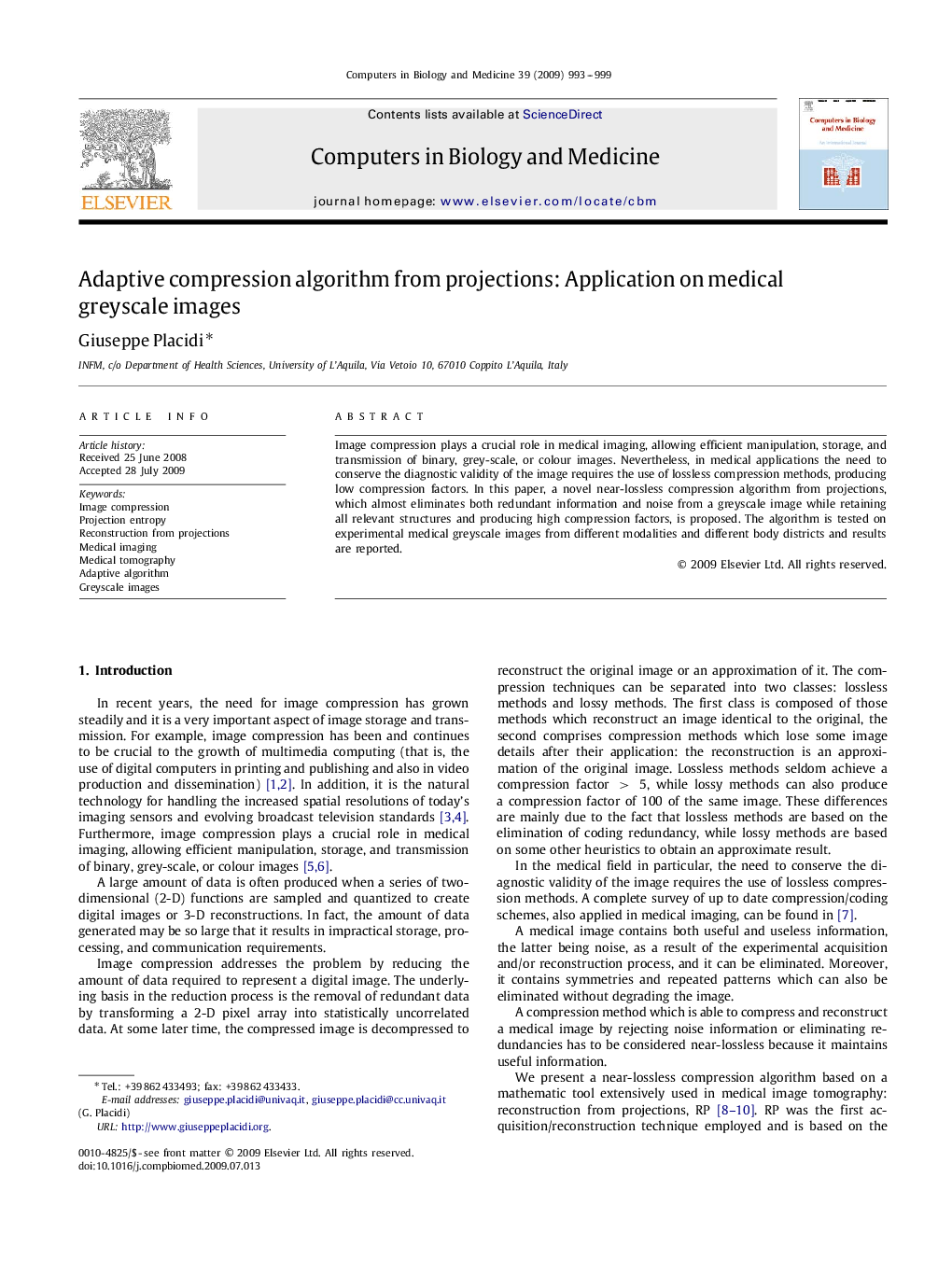 Adaptive compression algorithm from projections: Application on medical greyscale images