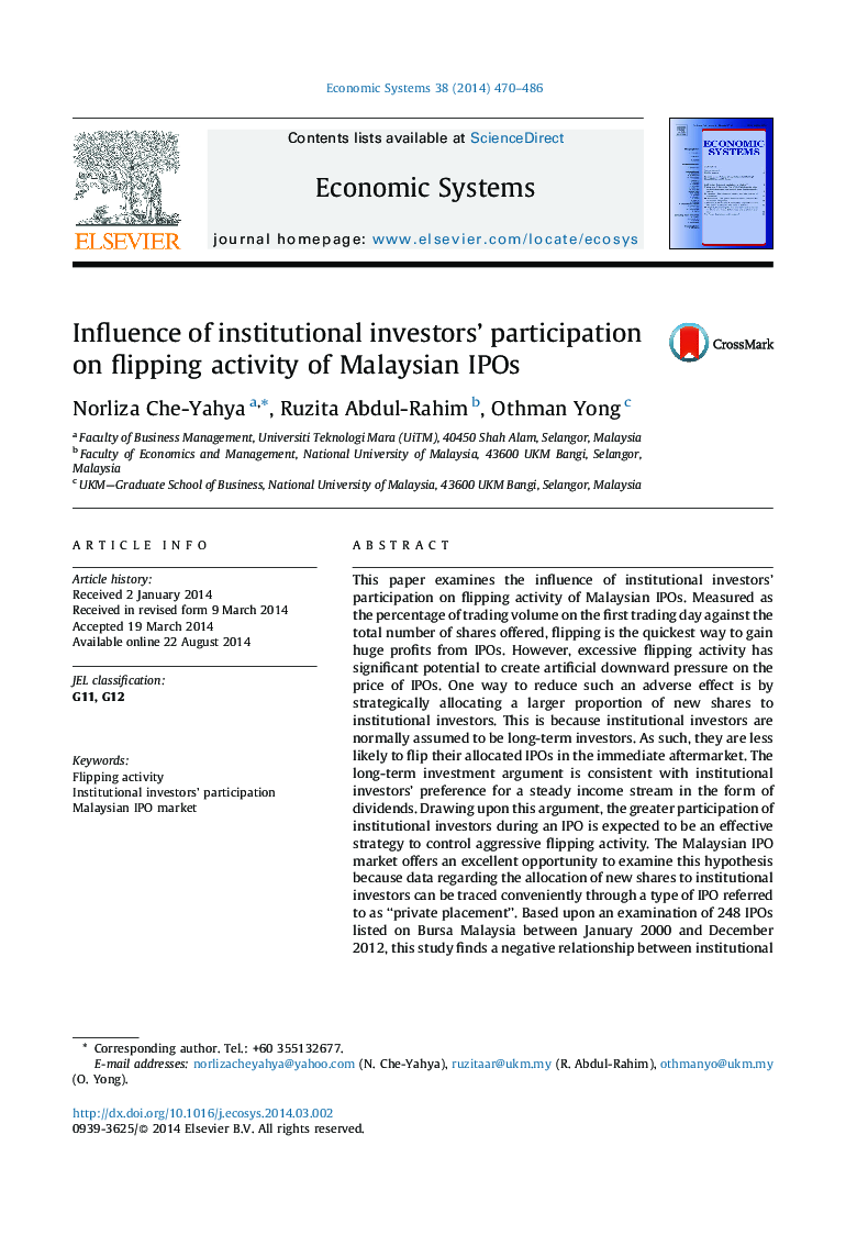Influence of institutional investors' participation on flipping activity of Malaysian IPOs
