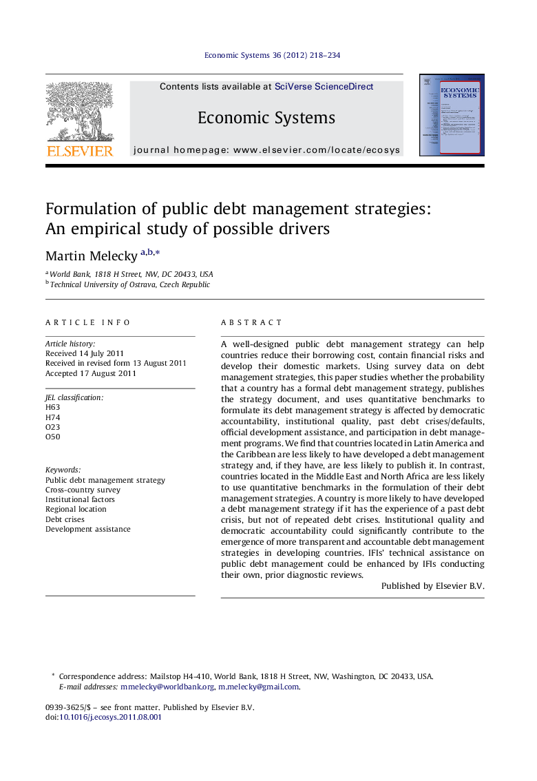 Formulation of public debt management strategies: An empirical study of possible drivers