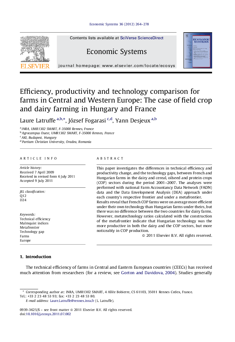 Efficiency, productivity and technology comparison for farms in Central and Western Europe: The case of field crop and dairy farming in Hungary and France