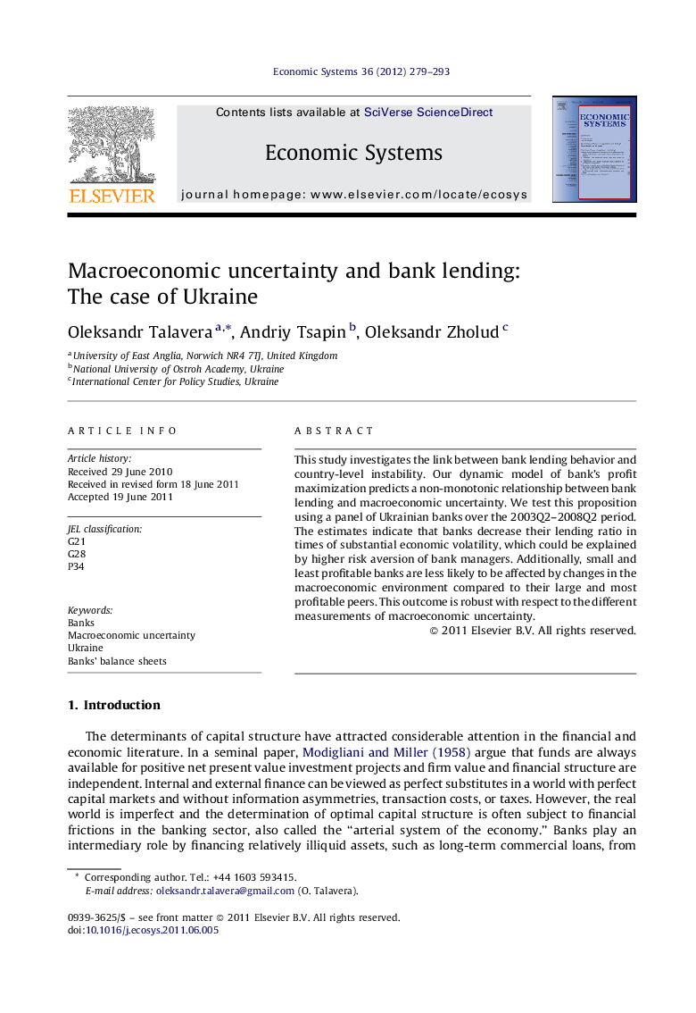 Macroeconomic uncertainty and bank lending: The case of Ukraine