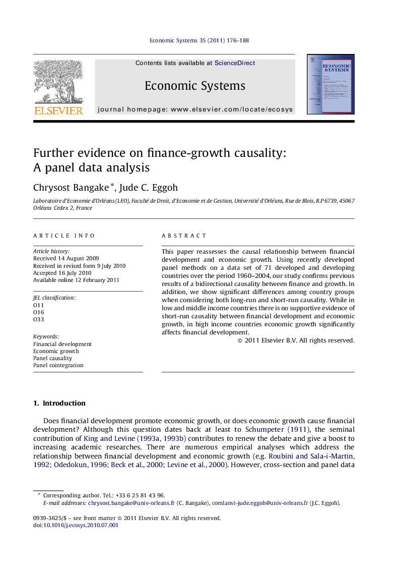 Further evidence on finance-growth causality: A panel data analysis