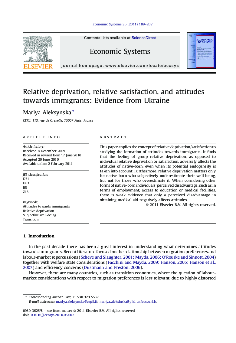 Relative deprivation, relative satisfaction, and attitudes towards immigrants: Evidence from Ukraine