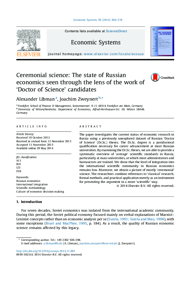 Ceremonial science: The state of Russian economics seen through the lens of the work of 'Doctor of Science' candidates