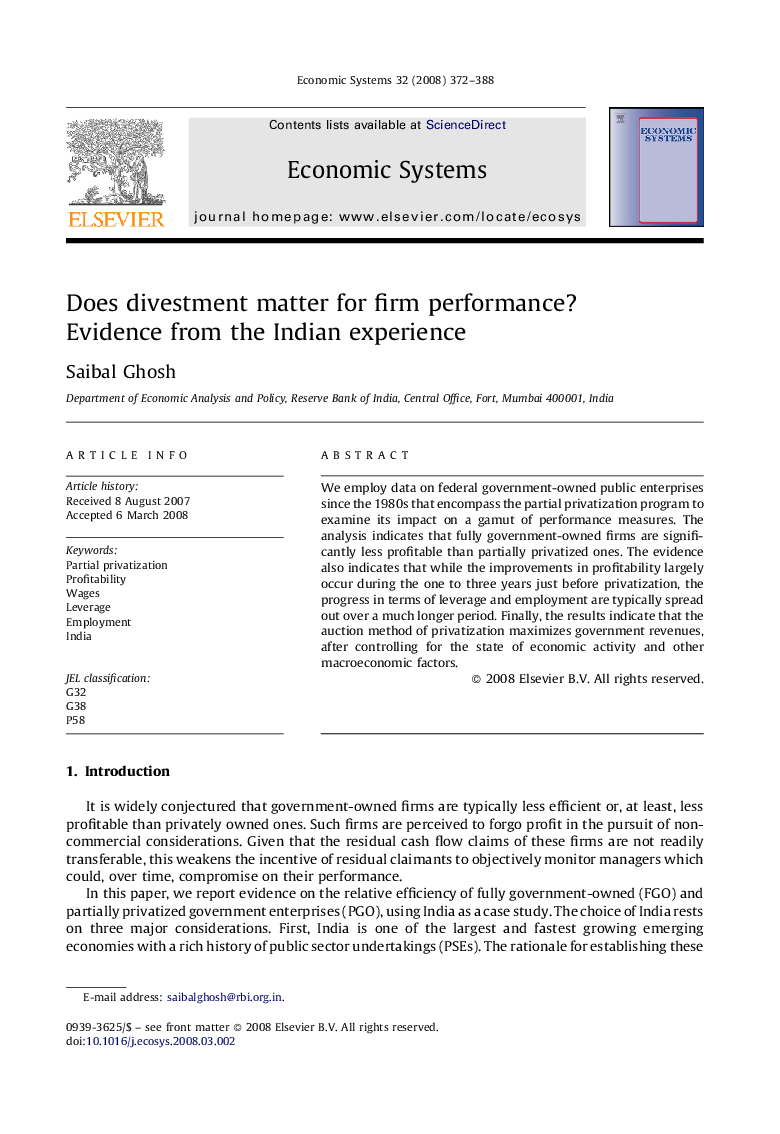 عکس صفحه اول مقاله: Does divestment matter for firm performance?: Evidence from the Indian experience Does divestment matter for firm performance?: Evidence from the Indian experience