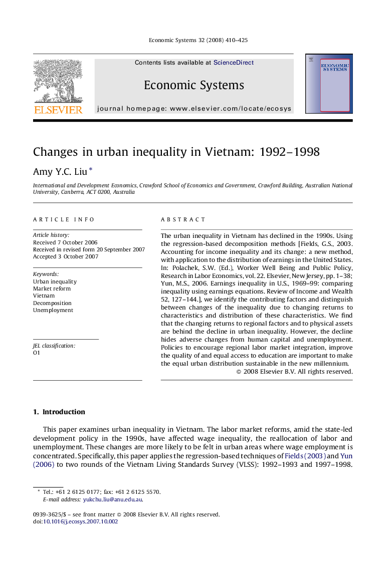 Changes in urban inequality in Vietnam: 1992-1998