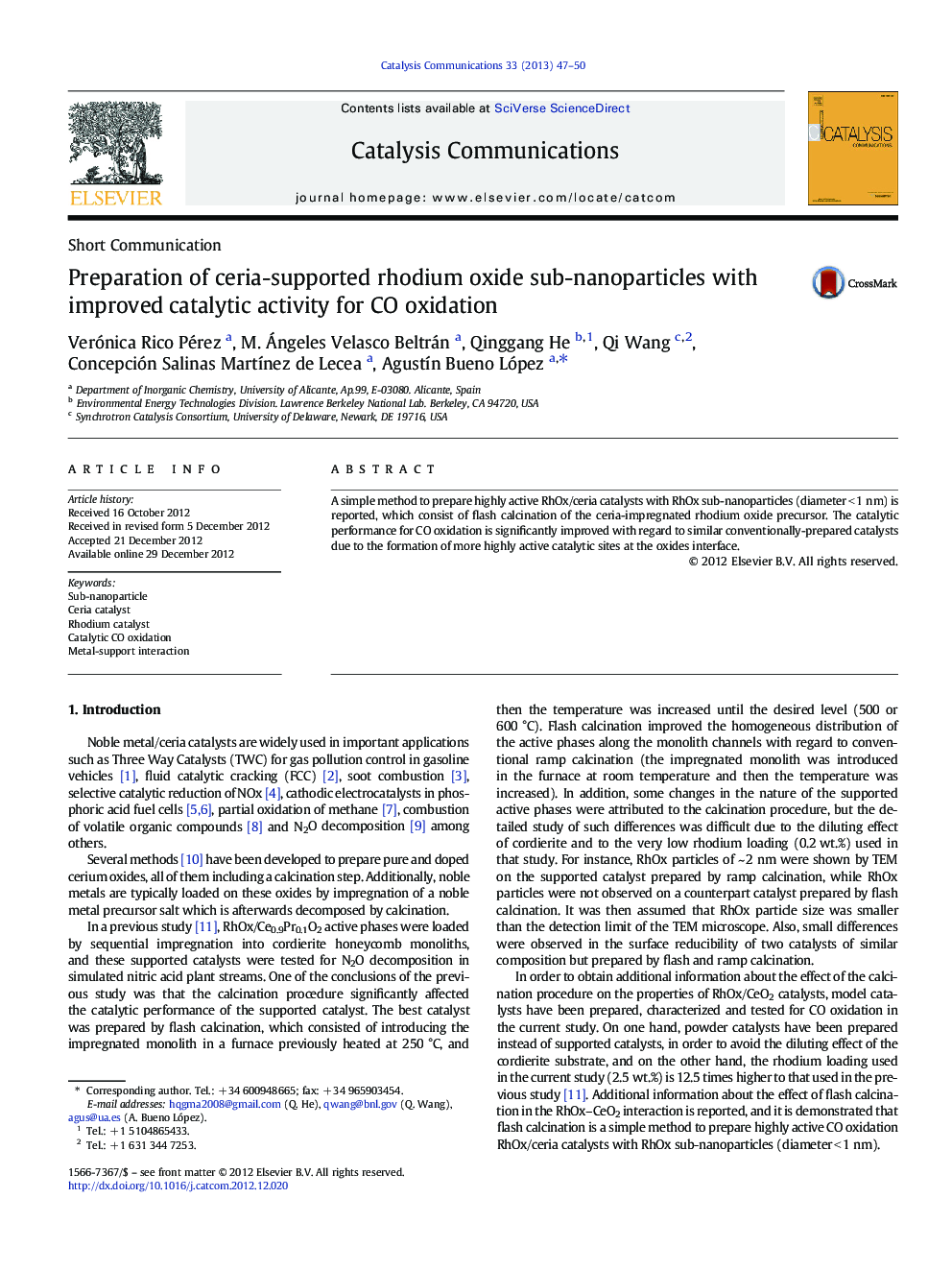 Preparation of ceria-supported rhodium oxide sub-nanoparticles with improved catalytic activity for CO oxidation