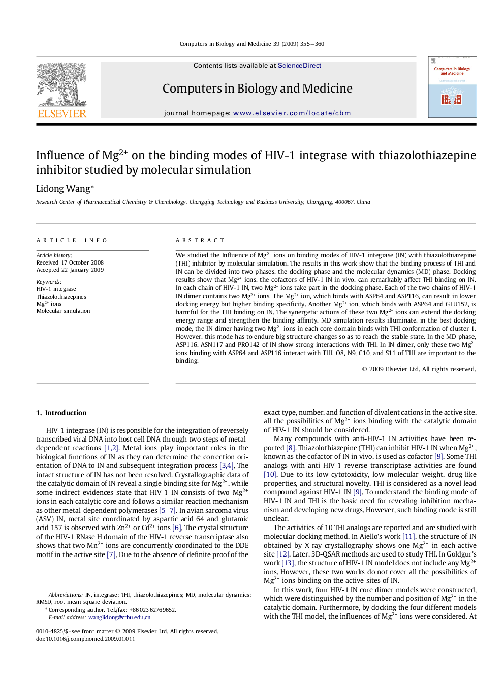 عکس صفحه اول مقاله: Influence of Mg2+ on the binding modes of HIV-1 integrase with thiazolothiazepine inhibitor studied by molecular simulation Influence of Mg2+ on the binding modes of HIV-1 integrase with thiazolothiazepine inhibitor studied by molecular simulation