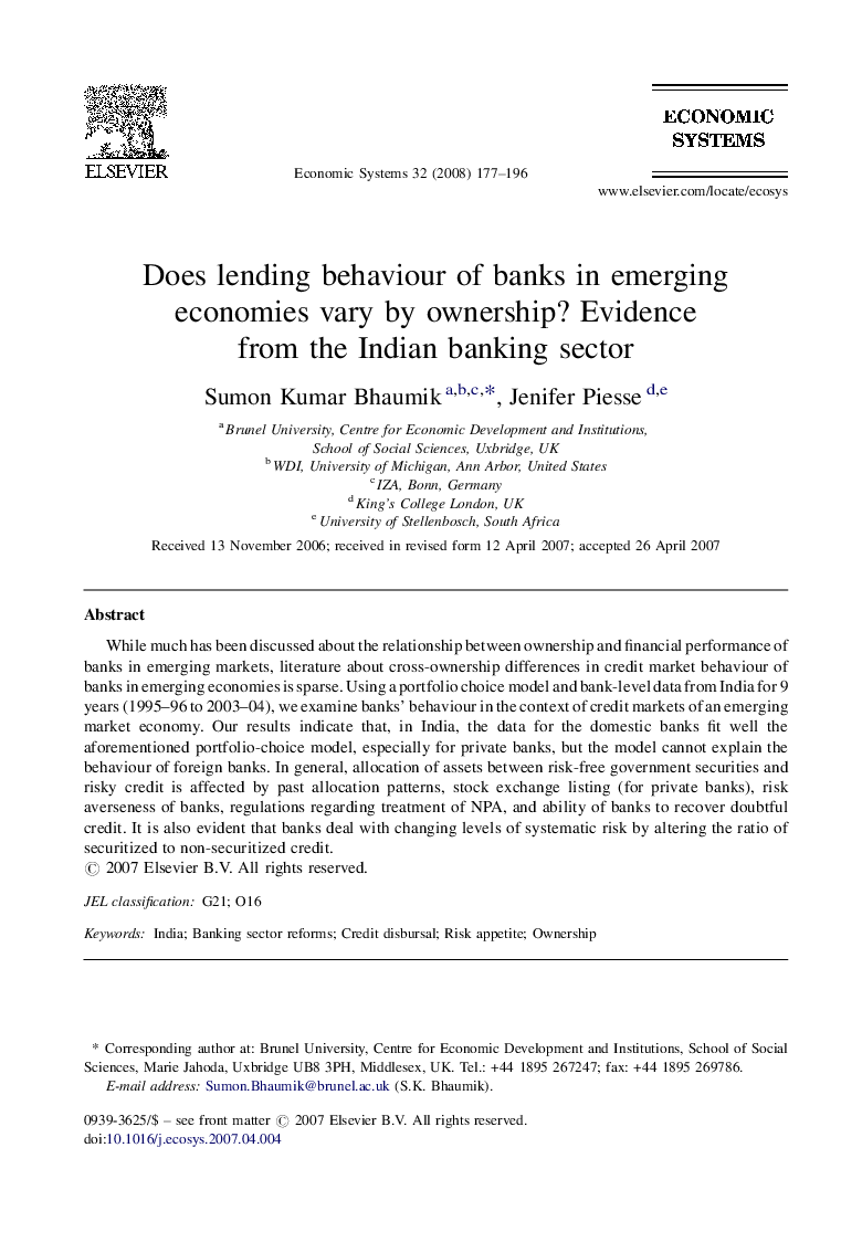 Does lending behaviour of banks in emerging economies vary by ownership? Evidence from the Indian banking sector