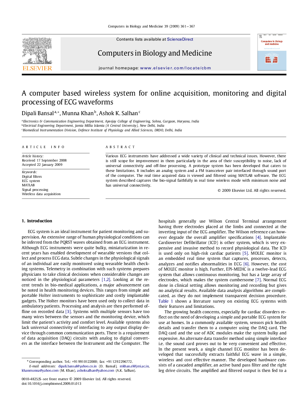 A computer based wireless system for online acquisition, monitoring and digital processing of ECG waveforms