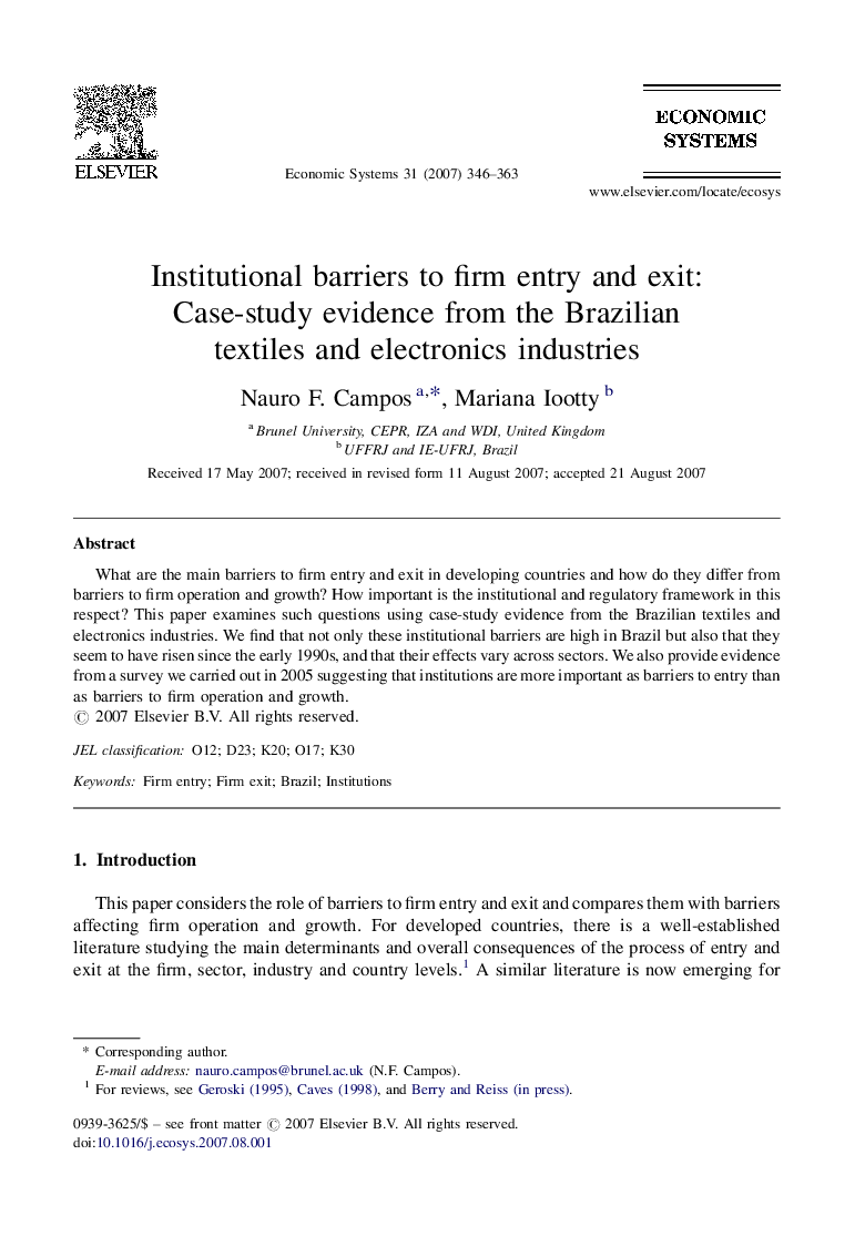 Institutional barriers to firm entry and exit: Case-study evidence from the Brazilian textiles and electronics industries