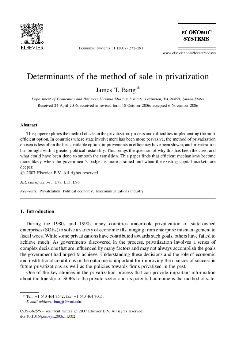 Determinants of the method of sale in privatization